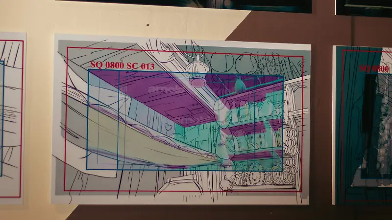 Bocetos que mencionan cómo fue el montaje de cada escenario en la animación.